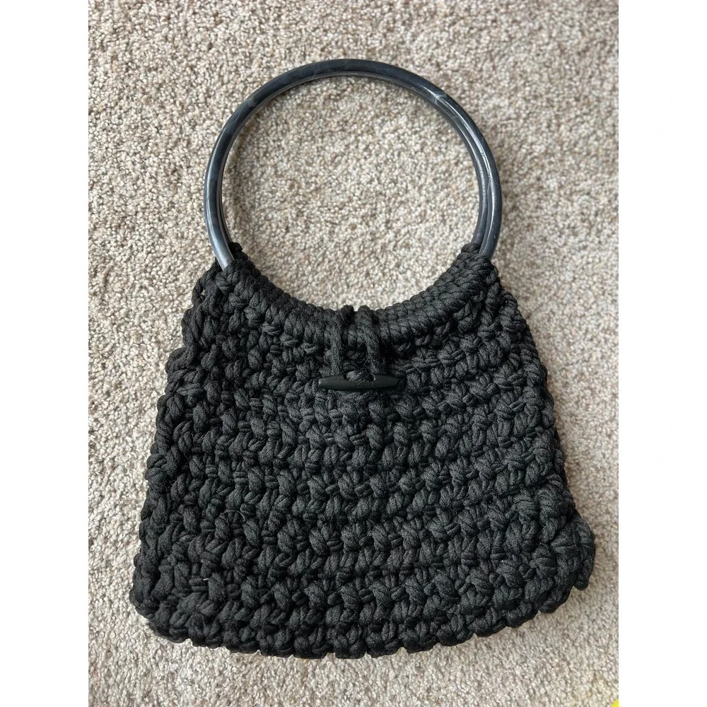 Vintage Crochet Hobo Bag Black Knitted Purse Circle Handle Boho‎ Chic